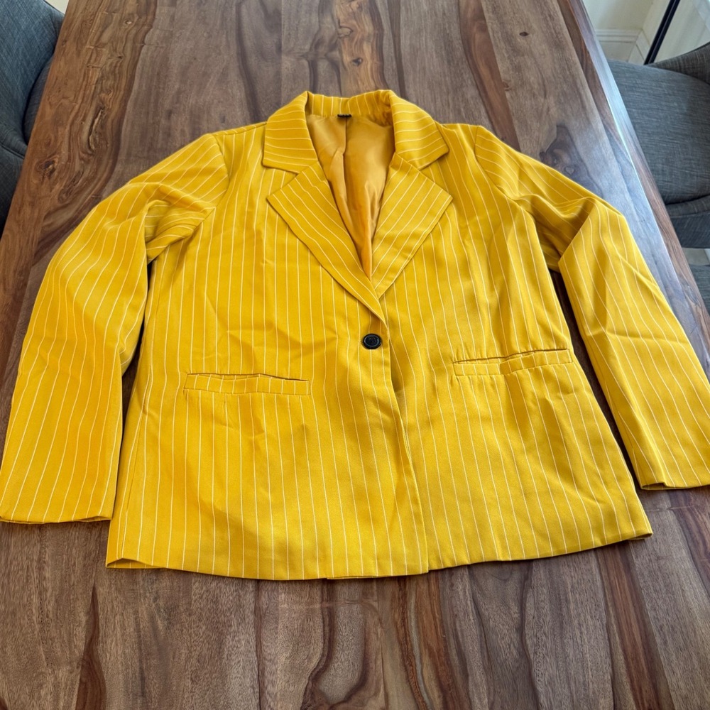 SHEIN Mustard Yellow Pinstripe Blazer‎ Jacket Women's Size M - Picture 6 of 12